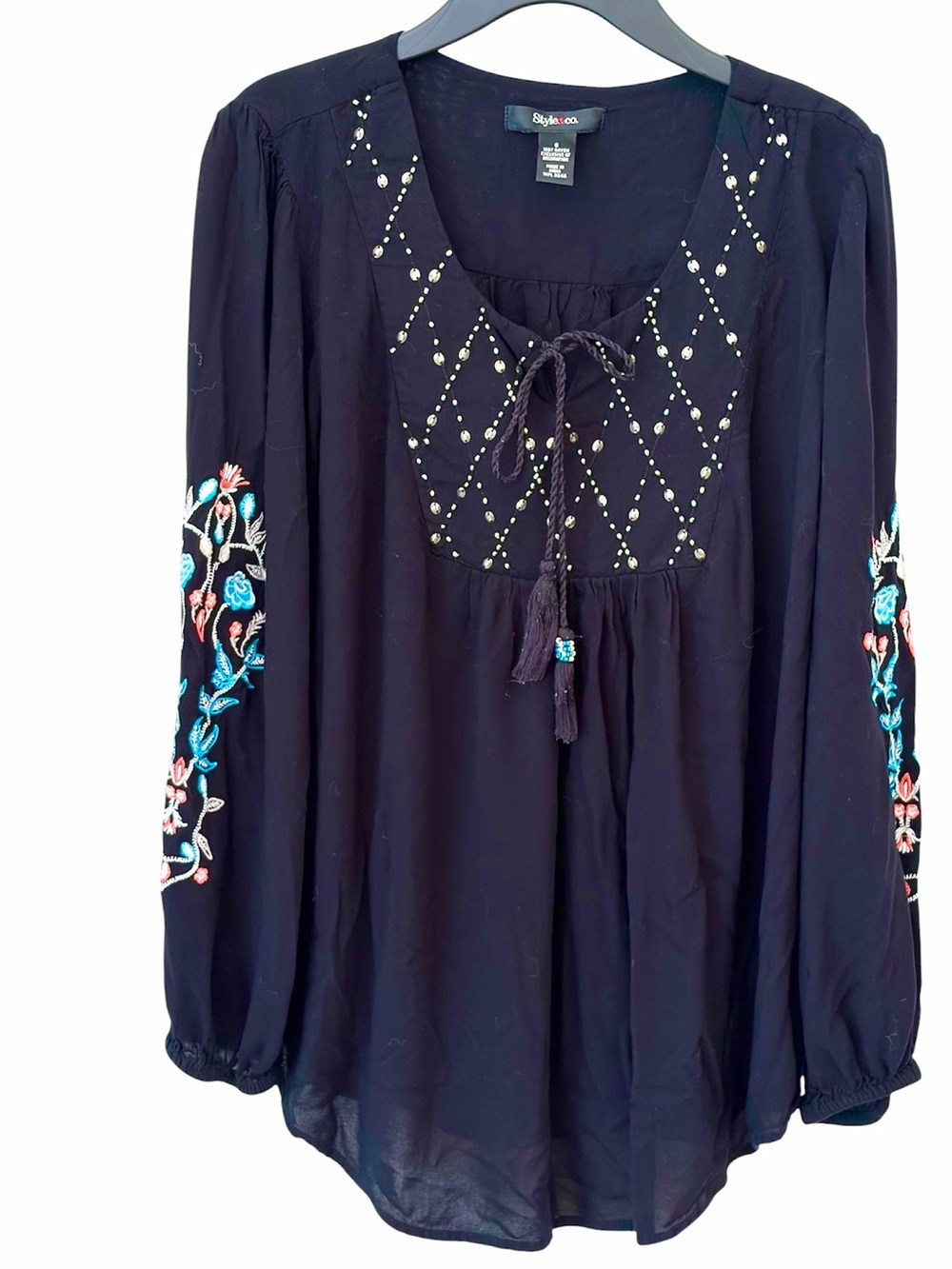 Embroidered & Beaded Peasant Blouse w/tassel tie